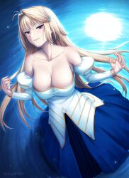 ahoge archetype_earth arcueid_brunestud bare_shoulders big_breasts blonde_hair cleavage detached_sleeves female female_only hair_intakes high-angle_view huge_breasts long_hair looking_at_viewer miyai_sen red_eyes smile solo tsukihime type-moon