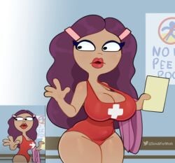 1girls adult_swim background_character cartoon_network character_name dark_skin female highleg_swimsuit home_movies lifeguard long_hair one-piece_swimsuit purple_hair redraw somescrub swimsuit thick_thighs