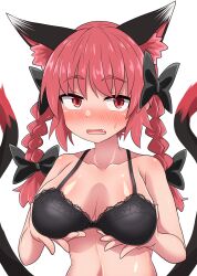 animal_ears black_bow black_bra blush bow bra braid breasts cat_ears cat_tail chups female highres looking_at_viewer multiple_tails open_mouth red_eyes red_hair rin_kaenbyou solo tail touhou twin_braids underwear upper_body