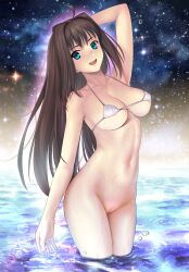 ahoge aozaki_aoko besmiled big_breasts bikini blue_eyes bottomless brown_hair female female_only hair_intakes innie_pussy long_hair looking_at_viewer mahou_tsukai_no_yoru micro_bikini open_mouth partially_submerged shaved_pussy side-tie_bikini smile solo swimsuit tsukihime type-moon uncensored water wet_skin white_bikini