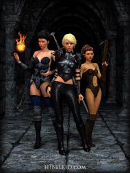 3d 3girls armor artist_website black_hair blonde_hair bodysuit brown_hair clothed clothing crossbow elayne_(hibbli3d) elf elf_ears ezri_(hibbli3d) fantasy female female_only fireball height_difference hibbli3d indoors looking_at_viewer lori_(hibbli3d) mage magic medium_breasts multiple_girls original original_character original_characters pinup plate_armor pointy_ears scale_armor slushe_(website) standing sword