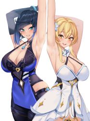 2022 2girls absurd_res arm_up armpit_fetish armpits black_hair blonde_hair blush breasts cleavage clothed clothed_female female female_only flower_hair_ornament genshin_impact gold_eyes green_eyes hair_ornament height_difference hi_res hips huge_breasts kuavera large_areolae long_hair looking_at_viewer lumine_(genshin_impact) naughty_face short_hair simple_background slim_waist smile steam steaming_body sweat sweaty_body thick_thighs thighs white_background wide_hips yelan_(genshin_impact)