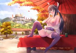 alternate_breast_size areolae ass bare_shoulders bench blue_eyes blush breasts brown_hair castle embarrassed exhibitionism falling_leaves feet female hair_ornament hand_on_face headdress heroine_(pokemon_conquest) japanese_clothes kimono large_breasts leaves legs_apart long_hair looking_at_viewer multicolored_hair nipples open_clothes open_kimono open_mouth panties panties_around_leg panties_around_one_leg parted_bangs pokemon pokemon_conquest ponytail purple_legwear purple_panties purple_thighhighs pussy sebu_illust sitting smile solo solo_female solo_focus spread_legs swept_bangs tea_cup thigh_gap thighhighs thighs tree umbrella vagina