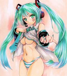 1girls alternate_eye_color aqua_hair aqua_nails bare_shoulders big_breasts breasts busty cameltoe closed_mouth come_hither commentary cowboy_shot detached_sleeves female female_only green_hair hair_ornament hatsune_miku headset highres izumontan large_breasts lifted_by_self long_hair looking_at_viewer loose_necktie marker_(medium) multicolored_hair nail_polish navel necktie no_bra number_tattoo outstretched_hand panties ribs sample_watermark seductive seductive_smile sensual simple_background smile solo striped striped_panties tattoo teasing thigh_gap thighs traditional_media two-tone_hair underboob underwear vocaloid