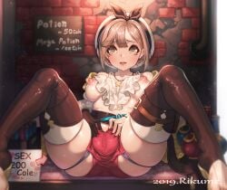 2019 artist_name atelier_(series) atelier_ryza breasts cameltoe feet_out_of_frame female medium_breasts nipples plump potion presenting price prostitution reisalin_stout rikume solo toeless_legwear