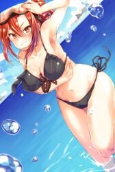 aozaki_touko armpits beach big_breasts bikini black_bikini cleavage dutch_angle female female_only goggles_on_head grin hair_between_eyes kamehima kara_no_kyoukai long_hair looking_at_viewer mahou_tsukai_no_yoru ocean orange_eyes outside partially_submerged ponytail red_hair side-tie_bikini smile solo swimsuit type-moon water wide_hips