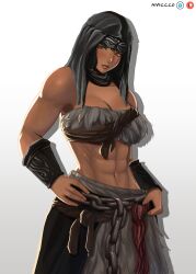 2020s 2022 abs black_hair brown_body brown_eyes chains cleavage dark-skinned_female elden_ring female female_only fromsoftware fur_trim headband headwear looking_at_viewer muscles muscular muscular_female nepheli_loux nyiccco solo wristband