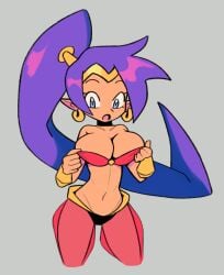 1girls blue_eyes breasts cleavage clothed earrings female female_only large_breasts long_hair navel open_mouth plain_background pointy_ears ponytail purple_hair shantae shantae_(character) skimpy smooth_skin solo surprised_expression tan_skin xenoglitch