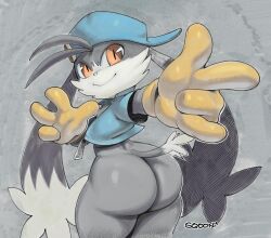 1boy 2019 4_fingers anthro ass big_ass big_butt bottomless clothed clothing domestic_cat felid feline felis femboy fingers floppy_ears fur gloves grey_body grey_fur grey_tail handwear hat headgear headwear hi_res klonoa klonoa_(series) long_ears looking_at_viewer male male_only mammal orange_eyes smile solo solo_male sqoon tail video_games white_body white_fur