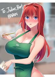 aozaki_aoko apron big_breasts blue_eyes blush cleavage embarrassed female female_only hair_intakes iced_latte_with_breast_milk long_hair looking_at_viewer mahou_tsukai_no_yoru melty_blood meme naked_apron nsbaron red_hair sideboob solo starbucks tsukihime type-moon webslinger