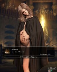 1girls 3d bottomless casual clothing elden_ring english_text female female_only fromsoftware human light-skinned_female melina_(elden_ring) outerwear pale_skin pippoad pregnant pregnant_female roundtable_hold site_of_grace text