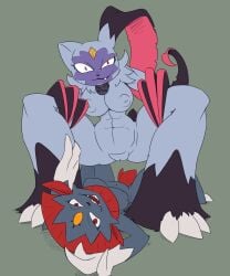 abs anthro breasts claws collar crouching duo female game_freak genitals hi_res imric1251 inverted_nipples looking_at_viewer lying muscular muscular_female nintendo nipples on_back pokémon_(species) pokemon pokemon_legends:_arceus pussy red_eyes sharp_teeth sneasler teeth video_games weavile