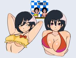 2girls arms_under_breasts bikini black_hair breasts character_request cleavage copyright_request female female_only hands_behind_head large_breasts looking_at_viewer namco pink_eyes pixel_art plain_background redraw retro_artstyle shiny_skin skimpy smile underboob xenoglitch yellow_eyes