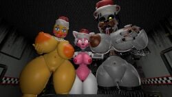 3d anthro avian big_breasts bird breast_grab breasts canid canine female female/female five_nights_at_freddy's five_nights_at_freddy's:_sister_location five_nights_at_freddy's_2 fox freddy_fazbear's_pizzeria_simulator funtime_foxy funtime_foxy_(fnaf) funtime_foxy_(fnafsl) galliform gallus_(genus) group hand_on_breast hi_res huge_toy_chica josh-u4 mammal molten_freddy phasianid scottgames size_difference thick_thighs toy_chica toy_chica_(fnaf) ursid video_games wide_hips