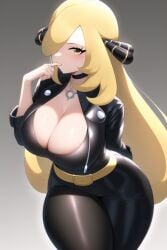 ai_generated black_leather blonde_hair cleavage cynthia_(pokemon) finger_in_mouth highres large_breasts leather leather_clothing leather_jacket long_hair nai_diffusion necklace pokemon rubycks shiny_clothes shiny_skin stable_diffusion thick_thighs yellow_eyes