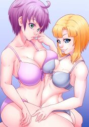 2girls ass big_breasts blonde_hair blue_eyes bra breast_press breasts busty cleavage green_eyes grey_bra grey_pants highres kaori_shiruko large_breasts looking_at_viewer medium_breasts multiple_girls navel original panties pants purple_bra purple_hair purple_panties sensual short_hair smile thick_thighs thighs underwear voluptuous yukino_akaihi yukino_memories yuri