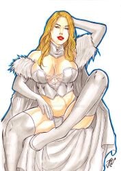 arms_behind_head blonde_hair blue_eyes cleavage corset emma_frost joe_lima large_breasts lingerie marvel marvel_comics thong white_queen x-men