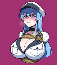 1girls akame_ga_kill! arms_behind_back arms_tied arms_tied_behind_back blue_eyes blue_hair blush bondage bondage_harness breasts choker cleavage deep_cleavage embarrassed esdeath_(akame_ga_kill!) eyebrows eyebrows_visible_through_hair eyelashes flustered full_cleavage hat jam-orbital large_breasts long_hair no_bra pockets purple_background rope rope_around_breasts rope_bondage shoulder_pads showing_off showing_off_breasts simple_background sweat sweatdrop tied_up tight_clothing