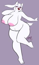 2020s 2022 anthro areola blush bovid breasts caprine dated eyebrows fangs female genitals goat hand_on_cheek hi_res mammal navel nipples on_one_leg one_leg_up open_mouth overweight overweight_female pussy raised_leg red_eyes signature simple_background smile solo standing tongue toriel undertale_(series) wayesh