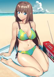 aozaki_aoko barefoot beach big_breasts bikini blue_eyes brown_hair cleavage cqqz0707 hair_intakes long_hair looking_at_viewer mahou_tsukai_no_yoru outside simple_background sitting smile sole swimsuit tsukihime type-moon wariza