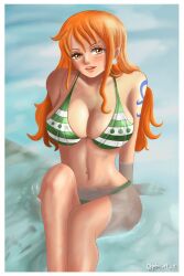 1girls bikini brown_eyes busty cleavage curvy female female_only green_bikini long_hair looking_at_viewer nami one_piece orange_hair philsdrawings1 seductive seductive_gaze shoulder_tattoo sitting_in_water slim slim_waist solo striped_bikini tattoo twitter_username water