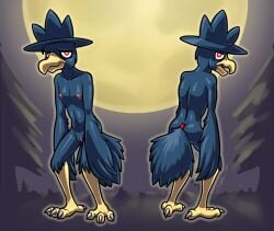 2022 4_toes accessory andromorph anthro ass avian bassybefuddle beak big_butt bird_feet blue_clothing blue_hat blue_headwear claws clothing cuntboy feet fluffy fluffy_tail front_view full_moon furgonomics genitals hat hat_only headgear headgear_only headwear headwear_only hi_res intersex looking_at_viewer looking_back mastectomy_scar moon mostly_nude multiple_angles murkrow nintendo nipples pink_nipples pokémon_(species) pokemon pupils pussy rear_view red_eyes scar solo tail_accessory tailband tired toe_claws toes video_games white_claws white_pupils yellow_beak