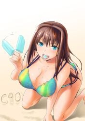 aozaki_aoko beach big_breasts bikini blue_eyes brown_hair cleavage female female_only high-angle_view kiasa kneeling long_hair looking_at_viewer mahou_tsukai_no_yoru open_mouth popsicle solo swimsuit tongue_out tsukihime type-moon