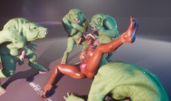 3d big_breasts big_thighs breasts cum feet female gangbang goblin goblin_male goblins green_skin male monster open_legs pig_man pussy rape size_difference small_dom_big_sub smaller_male tan_lines wet_pussy wildlife_(video_game)