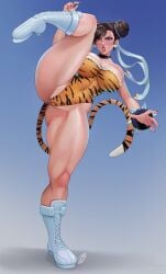 1girls boots breasts brown_eyes brown_hair choker chun-li edemevas female female_only hi_res kicking large_breasts leotard muscular muscular_female solo standing_on_one_leg street_fighter thick_thighs thighs tiger_print