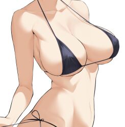 armpit_crease bikini black_bikini breasts cleavage collarbone cowboy_shot female female head_out_of_frame hiiragi_yuuichi large_breasts midriff navel original side-tie_bikini sideboob simple_background skindentation solo string_bikini swimsuit underboob white_background