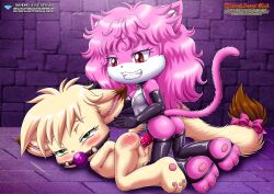 2girls annie_(little_tails) anthro april_(little_tails) ass ball_gag bbmbbf blush cat diamond_level female female/female female_only furry little_tails naked nude palcomix pietros_secret_club pussy rape sex sex_toy strap-on teeth vaginal_penetration vaginal_sex