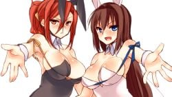 2girls aozaki_aoko aozaki_touko big_breasts blue_eyes blush breast_lift breast_squish brown_hair bunny_ears bunnysuit cleavage cosplay crossover detached_collar dungeon_ni_deai_wo_motomeru_no_wa_machigatteiru_darou_ka female female_only frown hestia_(danmachi)_(cosplay) kamehima kara_no_kyoukai long_hair looking_at_viewer mahou_tsukai_no_yoru open_mouth orange_eyes outstretched_arms ponytail red_hair siblings sisters smile tsukihime type-moon upper_body