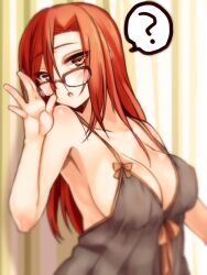 ? adjusting_glasses aozaki_touko big_breasts cleavage female female_only glasses kamehima kara_no_kyoukai long_hair mahou_tsukai_no_yoru negligee nightgown orange_eyes orange_hair red_hair red_hair solo type-moon