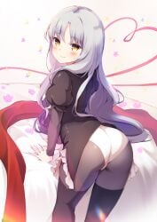 ass_focus bent_over big_ass black_dress black_legwear black_thighhighs blush bubble_butt caren_ortensia fate/hollow_ataraxia fate/kaleid_liner_prisma_illya fate_(series) female female_only fully_clothed long_hair long_sleeves looking_at_viewer looking_back panties pilokey smile solo thighhighs type-moon wavy_hair white_hair white_panties yellow_eyes