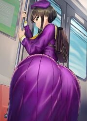 big_ass big_butt bubble_butt dokiyuri dress female green_eyes huge_ass huge_butt purple_clothing school_uniform schoolgirl train_interior wide_hips