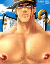 1boy 7angelm black_hair exposed_nipples image_set jojo's_bizarre_adventure jotaro_kujo looking_at_viewer male male_nipples male_only muscular_male pecs solo solo_male stardust_crusaders turquoise_eyes