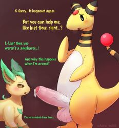 absurd_res adra_(artist) ampharos balls blush bodily_fluids duo eeveelution english_text erection feral fur genital_fluids genitals hi_res leafeon leaking_precum male male/male musk nintendo open_mouth penis pent_up pokemon pokemon_(species) simple_background sweat sweaty_balls text tongue video_games