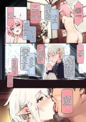 4boys black_hair blue_eyes color doujinshi drooling elf english_text femboy french_kiss kissing male male_only multiple_boys original pink_hair priest shuffle_(songdatiankong) text translated ugly_bastard white_hair yaoi yellow_eyes