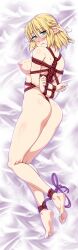 ass back bangs barefoot blonde_hair blush body_blush bondage bondage bondage bound bound_arms bound_wrists breasts commentary_request dakimakura_(medium) embarrassed eyebrows_visible_through_hair feet female full_body green_eyes hair_between_eyes highres large_breasts looking_at_viewer lying mizuhashi_parsee nipples nose_blush nude on_side ootsuki_wataru pointy_ears shiny shiny_skin short_hair short_ponytail soles solo toes touhou