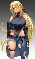 1girls abs absurd_res alternate_breast_size anima_(togashi) ass_visible_through_thighs bangs bare_shoulders belly big_breasts blonde_hair blush bodysuit breasts collarbone cynthia_(pokemon) denim earrings female gradient_background grey_eyes hair_ornament hair_over_one_eye hand_on_hip hi_res highres hips huge_breasts jeans large_breasts leotard long_hair looking_at_viewer midriff pokeball pokemon simple_background slim_waist small_waist smile solo standing thick thick_thighs thigh_strap thighs tight_clothing waist wide_hips