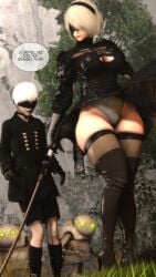 1boy 1girls 3d blindfold breasts clothing english_text female giantess hairband male mini_giantess nier nier:_automata rattledbonezone size_difference skirt skirt_lift smaller_male standing text thick_thighs thighhighs white_hair yorha_2b yorha_9s