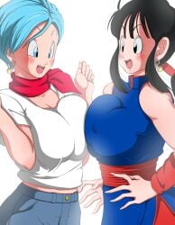 2girls bangs black_eyes black_hair blue_eyes blue_hair blush breast_press breast_squeeze breasts_to_breasts bulma_briefs chichi cleavage clothing dragon_ball dragon_ball_(classic) dragon_ball_super dragon_ball_z earrings fusion hazama_null jeans large_breasts midriff milf multiple_girls open_mouth ponytail potara_earrings short_hair teenage_girl teenager time_paradox tongue