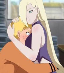 1boy 1girls agung911 assertive assertive_female before_sex blonde_hair blue_eyes blush boruto:_naruto_next_generations breast_press breasts crop_top embrace embracing face_between_breasts female hokage_office hug hugging imminent_sex indoors ino_yamanaka jacket long_hair male naruto naruto_(series) seducing skirt smile surprised uzumaki_naruto very_long_hair yellow_hair