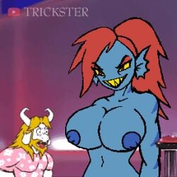 1boy 1girls animated anthro asgore_dreemurr big_breasts blue_skin bouncing_breasts breast_awe breasts deltarune edit exposed_breasts fish_girl red_hair tagme trickster_(artist) undertale undyne watermark weird_implications yellow_eyes zamn!