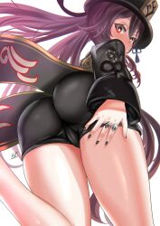 1girls ass ass_focus back big_ass big_butt black_nails dat_ass eye_contact female female_only genshin_impact grabbing grabbing_own_ass hay hu_tao_(genshin_impact) kein_hasegawa looking_at_viewer looking_down low-angle_view minishorts rear_view red_eyes seductive shorts solo thick_thighs tight_clothing tight_shorts twintails