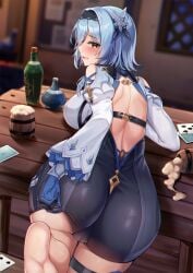 absurdres alcohol ass back backless_outfit bangs beer beer_mug black_gloves black_hairband black_legwear black_leotard blue_cape blue_gloves blue_hair blush bottle breasts cape cup eric_(tianqijiang) eula_(genshin_impact) feet female genshin_impact gloves hair_ornament hairband highres large_breasts leotard long_sleeves looking_at_viewer looking_back medium_hair mug necktie shirt sidelocks soles table thighhighs thighs two-tone_gloves white_shirt yellow_eyes