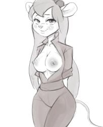 2017 anthro anthrofied bedroom_eyes blush breasts chip_'n_dale_rescue_rangers clothed clothing digital_media_(artwork) disney exposed_breasts female gadget_hackwrench hair half-closed_eyes long_hair looking_at_viewer macadam mammal monochrome mouse nipples open_shirt rodent seductive smile solo standing