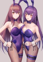 2girls alternate_costume big_breasts blush bowtie breast_press breast_squish brown_hair bunny_ears bunny_girl bunnysuit cleavage detached_collar dual_persona fate/grand_order fate_(series) female female_only fishnets garter hair_intakes hair_ribbon hand_on_hip highleg_leotard long_hair looking_at_viewer mahou_tsukai_no_yoru purple_hair red_eyes scathach_(fate) scathach_(fate)_(cosplay) scathach_(piercing_bunny) smile sweatdrop tsuchifumazu tsukihime type-moon wrist_cuffs