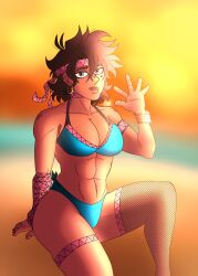 abs blue_eyes brown_hair brown_skin chromexorannex cleavage coco_joestar earrings headband heart_marking jjba_oc jojo_oc mole muscular_female ourobouro revealing_clothes stocking two_piece_swimsuit