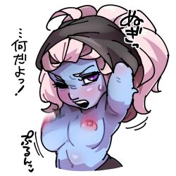 armpits arms_up bee_haji beecon123 blue_skin blush breasts_out female league_of_legends poppy shirt_lift shortstack sweat white_hair yordle